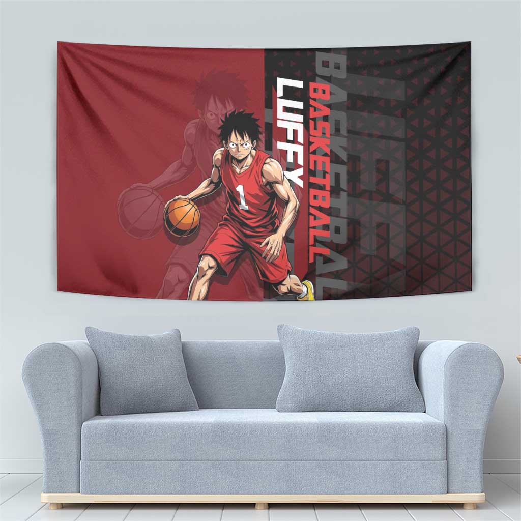 Luffy One Piece Basketball Theme Red and Black Design Tapestry with Straw Hat Pirate Logo and Sports Pose - The Mazicc