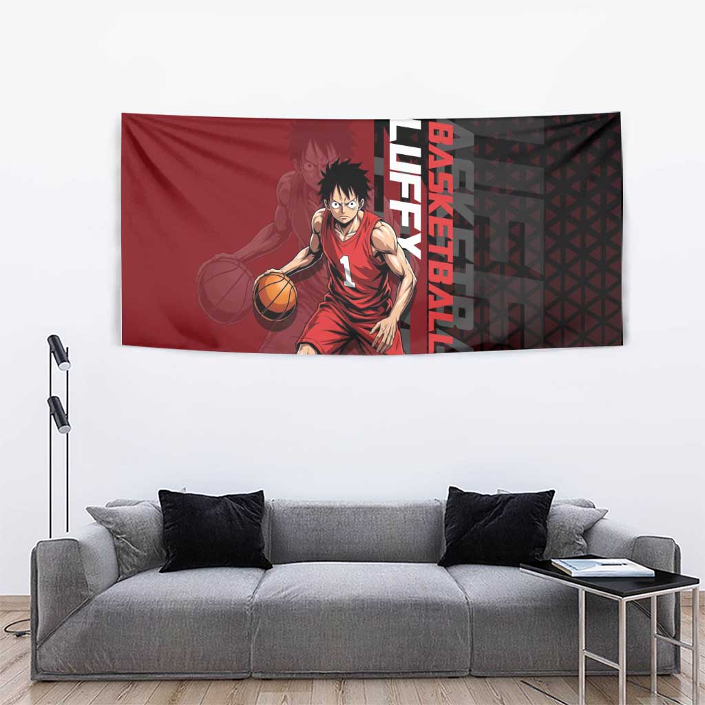 Luffy One Piece Basketball Theme Red and Black Design Tapestry with Straw Hat Pirate Logo and Sports Pose - The Mazicc