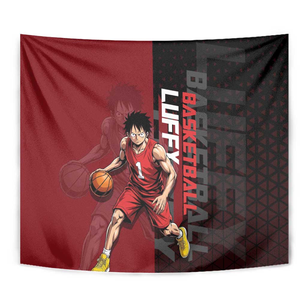 Luffy One Piece Basketball Theme Red and Black Design Tapestry with Straw Hat Pirate Logo and Sports Pose - The Mazicc
