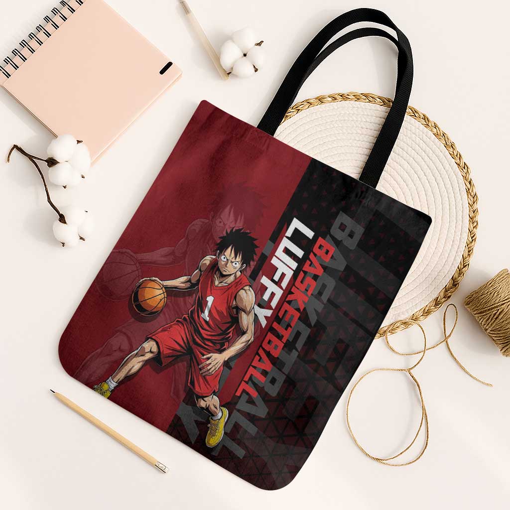 Luffy One Piece Basketball Theme Red and Black Design Tote Bag with Straw Hat Pirate Logo and Sports Pose - The Mazicc