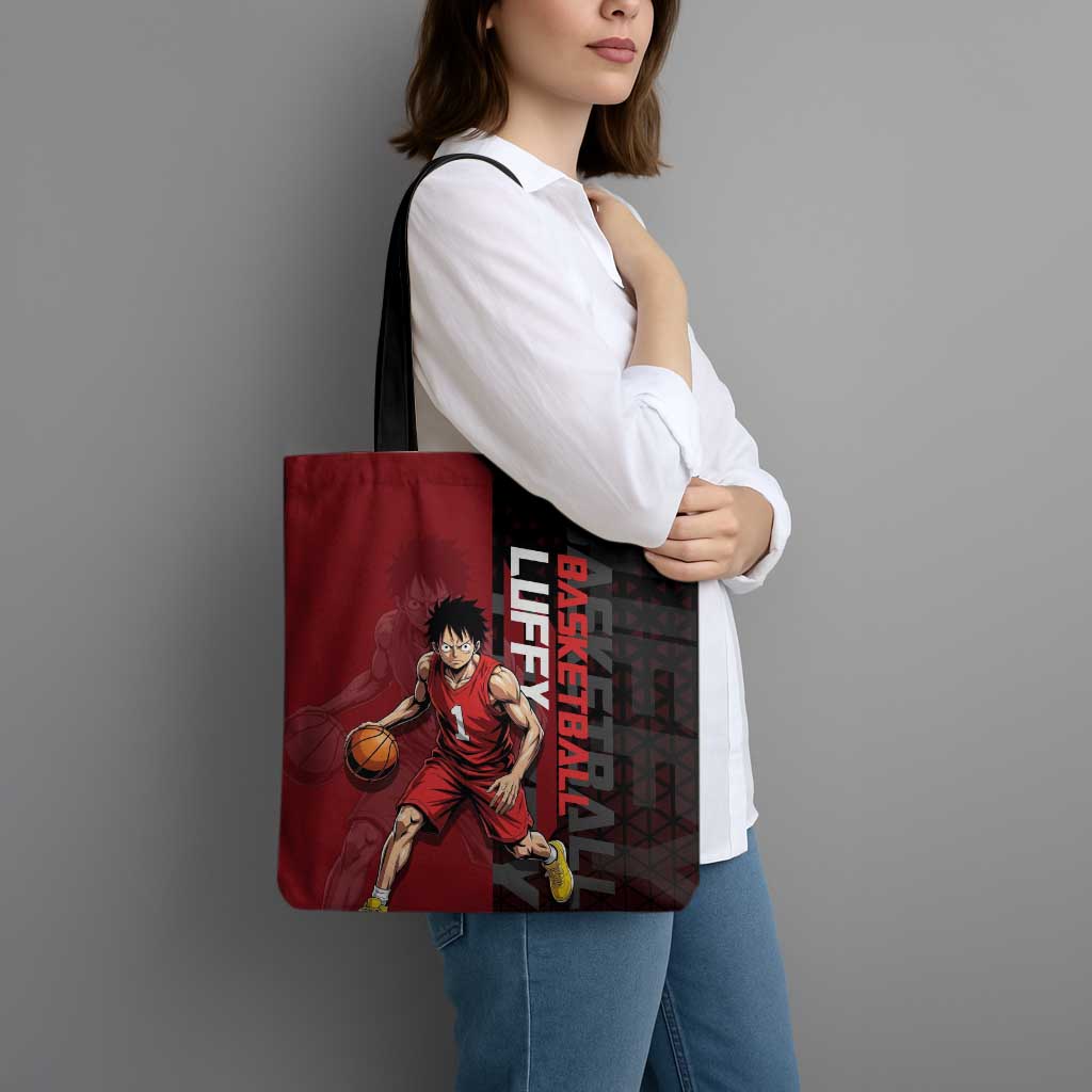 Luffy One Piece Basketball Theme Red and Black Design Tote Bag with Straw Hat Pirate Logo and Sports Pose - The Mazicc