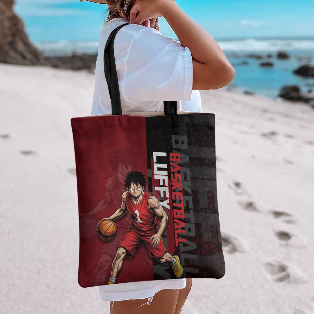 Luffy One Piece Basketball Theme Red and Black Design Tote Bag with Straw Hat Pirate Logo and Sports Pose - The Mazicc