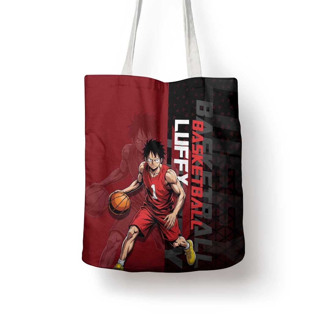 Luffy One Piece Basketball Theme Red and Black Design Tote Bag with Straw Hat Pirate Logo and Sports Pose - The Mazicc