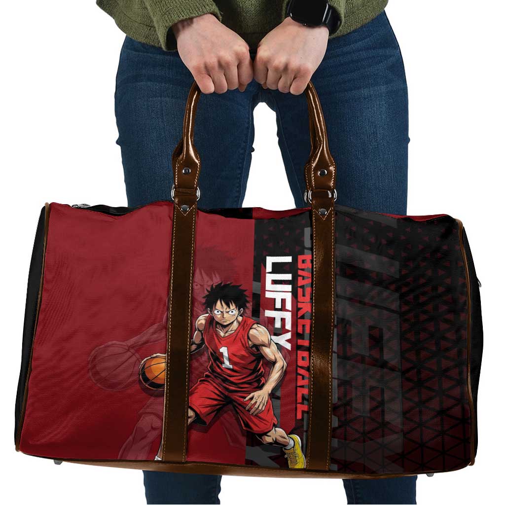 Luffy One Piece Basketball Theme Red and Black Design Travel Bag with Straw Hat Pirate Logo and Sports Pose - The Mazicc