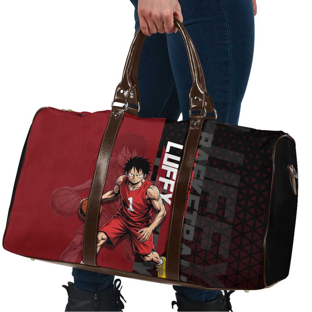 Luffy One Piece Basketball Theme Red and Black Design Travel Bag with Straw Hat Pirate Logo and Sports Pose - The Mazicc