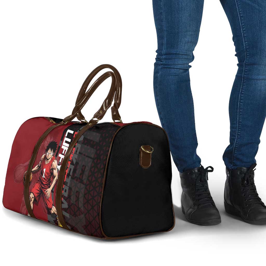 Luffy One Piece Basketball Theme Red and Black Design Travel Bag with Straw Hat Pirate Logo and Sports Pose - The Mazicc