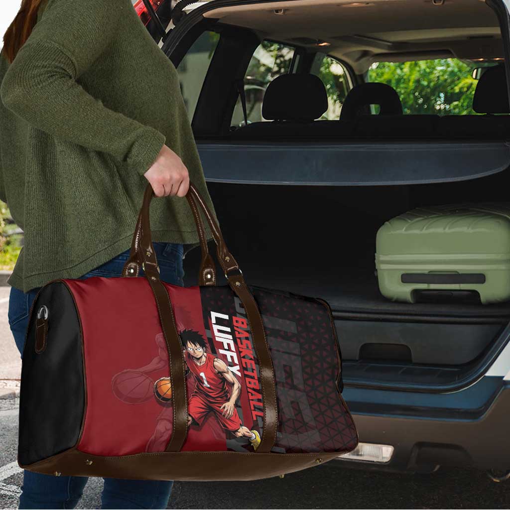 Luffy One Piece Basketball Theme Red and Black Design Travel Bag with Straw Hat Pirate Logo and Sports Pose - The Mazicc