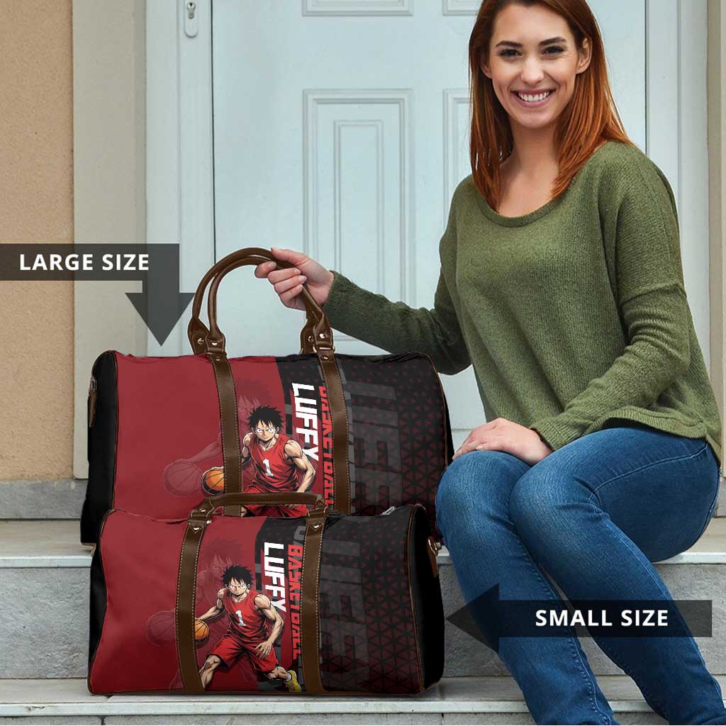 Luffy One Piece Basketball Theme Red and Black Design Travel Bag with Straw Hat Pirate Logo and Sports Pose - The Mazicc