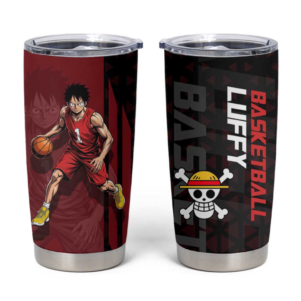 Luffy One Piece Basketball Theme Red and Black Design Tumbler Cup with Straw Hat Pirate Logo and Sports Pose - The Mazicc