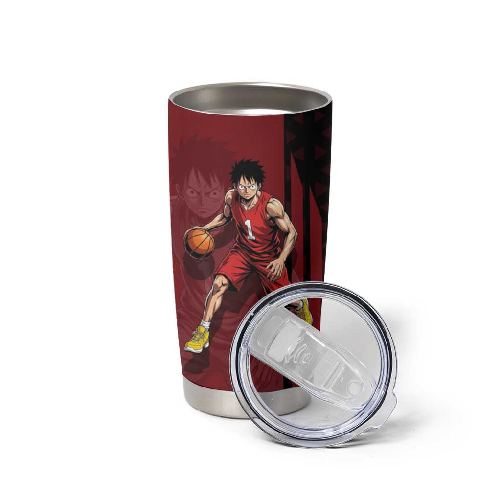 Luffy One Piece Basketball Theme Red and Black Design Tumbler Cup with Straw Hat Pirate Logo and Sports Pose - The Mazicc