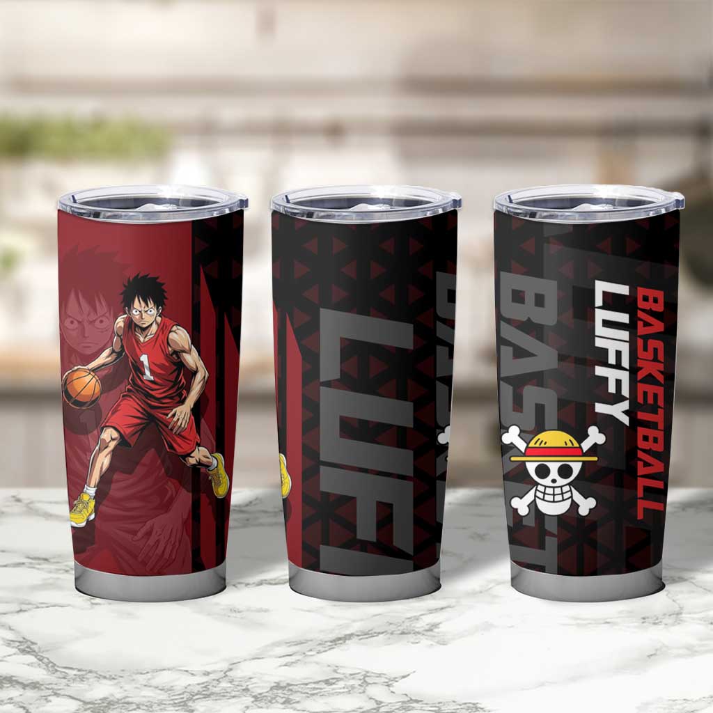 Luffy One Piece Basketball Theme Red and Black Design Tumbler Cup with Straw Hat Pirate Logo and Sports Pose - The Mazicc