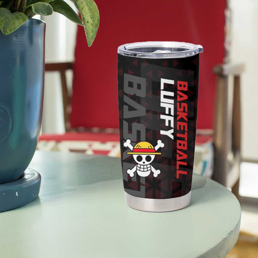 Luffy One Piece Basketball Theme Red and Black Design Tumbler Cup with Straw Hat Pirate Logo and Sports Pose - The Mazicc
