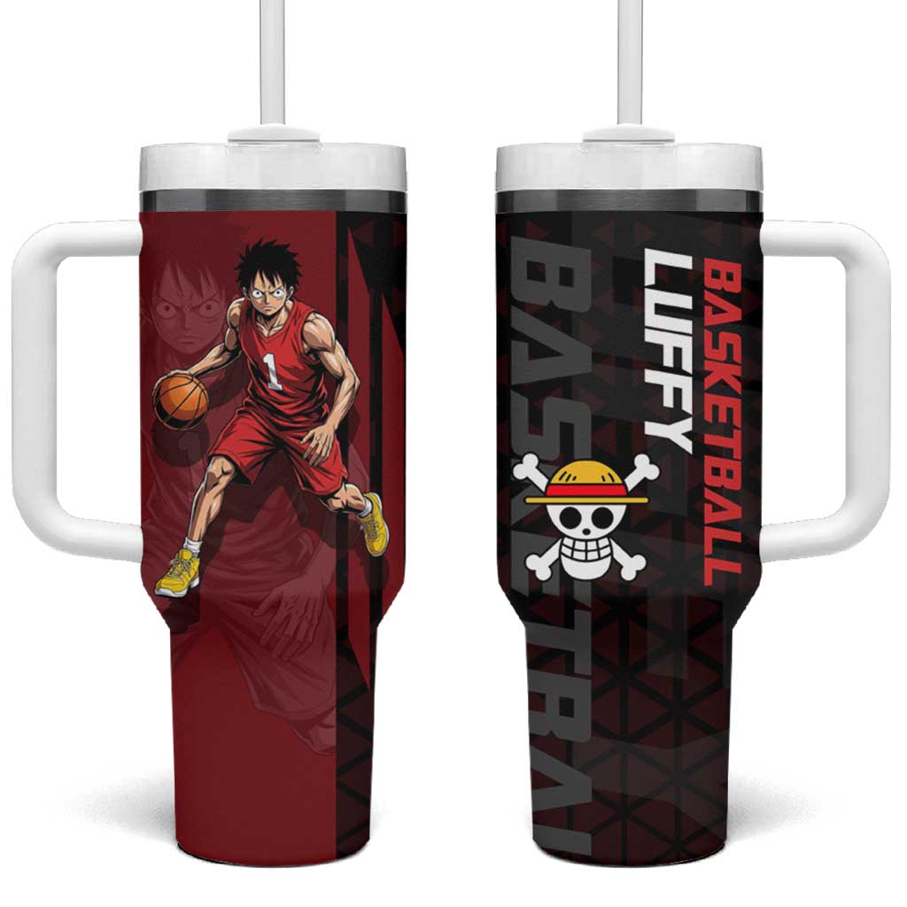 Luffy One Piece Basketball Theme Red and Black Design Tumbler With Handle with Straw Hat Pirate Logo and Sports Pose - The Mazicc