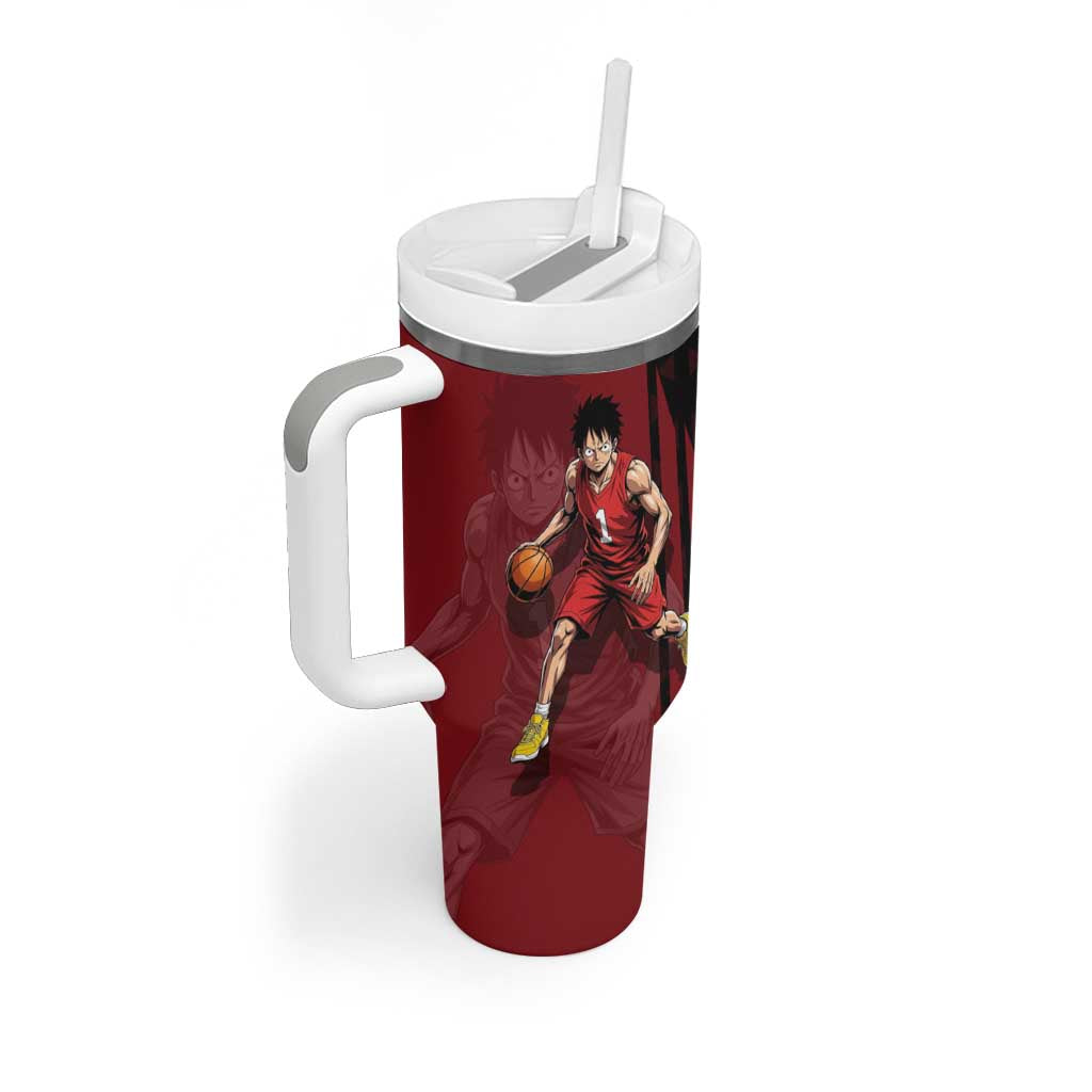 Luffy One Piece Basketball Theme Red and Black Design Tumbler With Handle with Straw Hat Pirate Logo and Sports Pose - The Mazicc