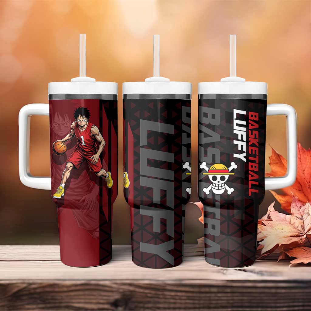Luffy One Piece Basketball Theme Red and Black Design Tumbler With Handle with Straw Hat Pirate Logo and Sports Pose - The Mazicc
