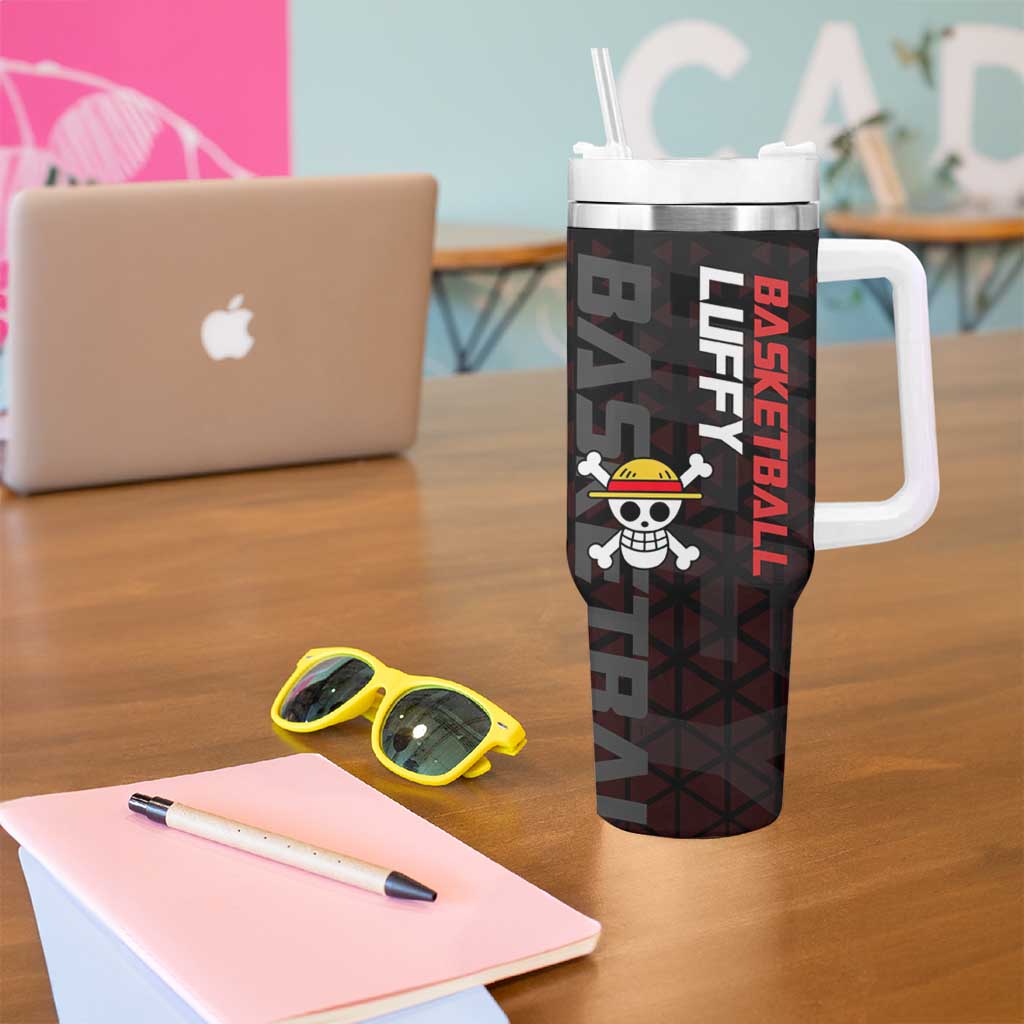 Luffy One Piece Basketball Theme Red and Black Design Tumbler With Handle with Straw Hat Pirate Logo and Sports Pose - The Mazicc