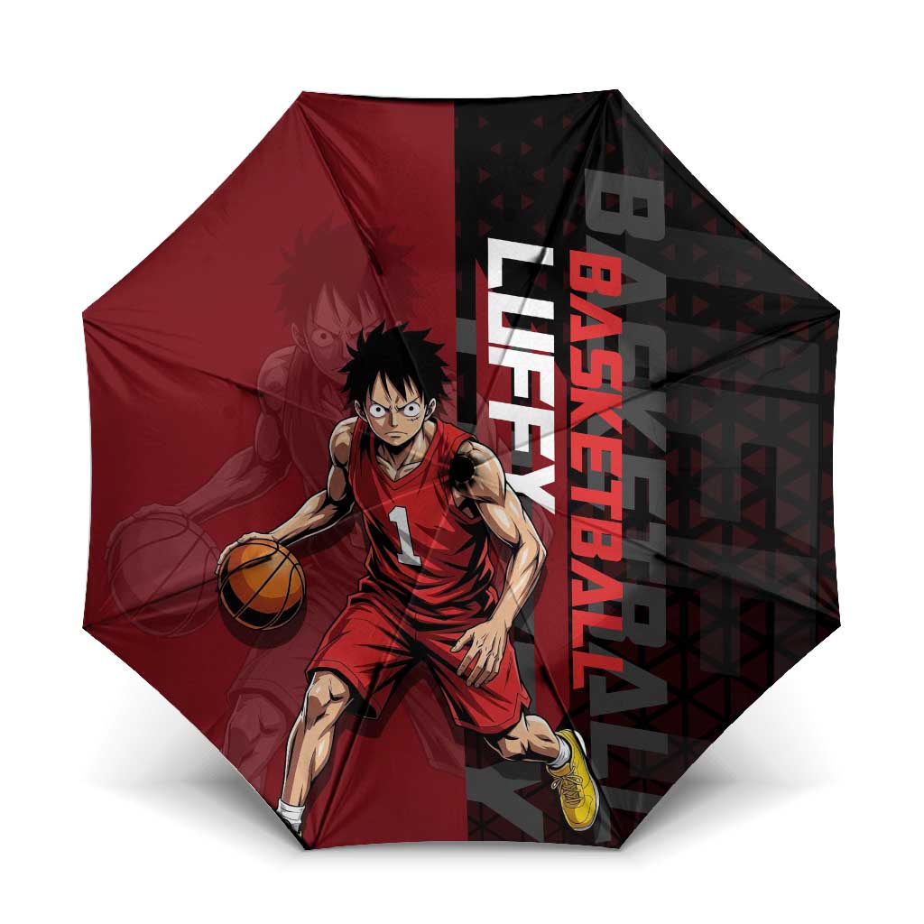 Luffy One Piece Basketball Theme Red and Black Design Umbrella with Straw Hat Pirate Logo and Sports Pose - The Mazicc