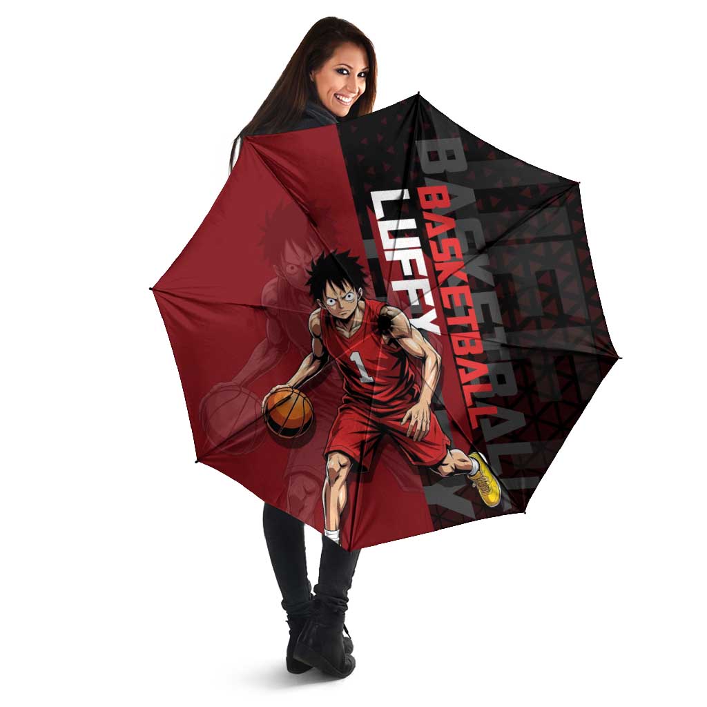Luffy One Piece Basketball Theme Red and Black Design Umbrella with Straw Hat Pirate Logo and Sports Pose - The Mazicc