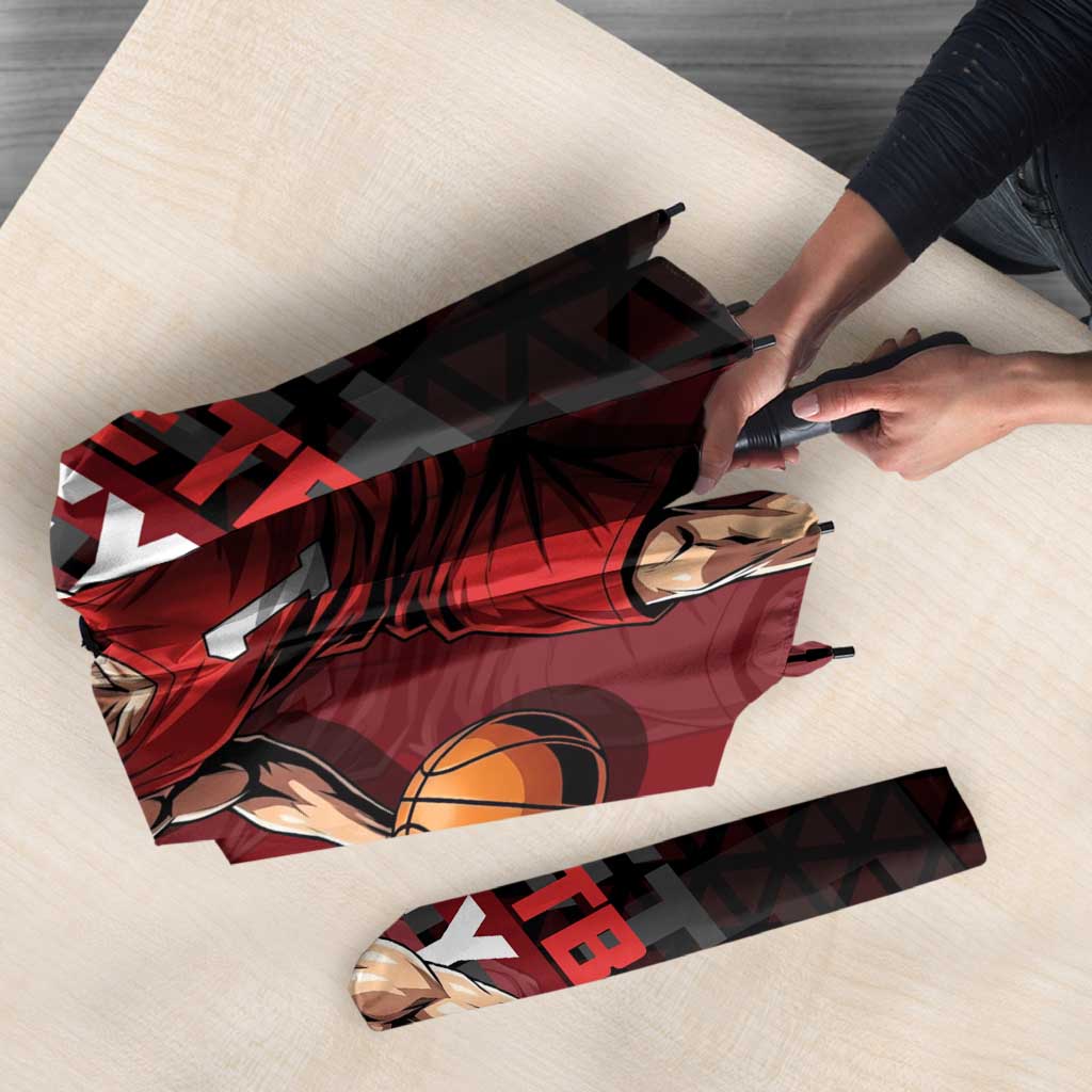 Luffy One Piece Basketball Theme Red and Black Design Umbrella with Straw Hat Pirate Logo and Sports Pose - The Mazicc