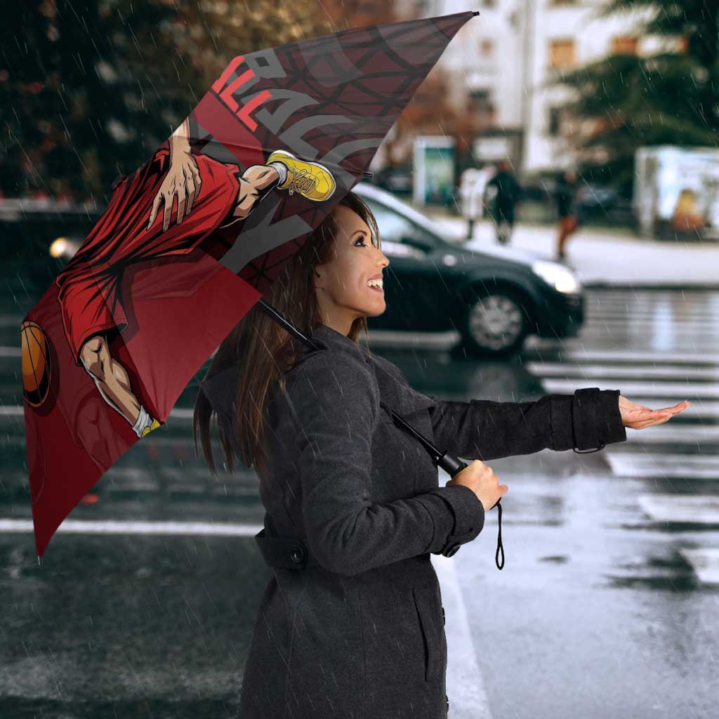 Luffy One Piece Basketball Theme Red and Black Design Umbrella with Straw Hat Pirate Logo and Sports Pose - The Mazicc