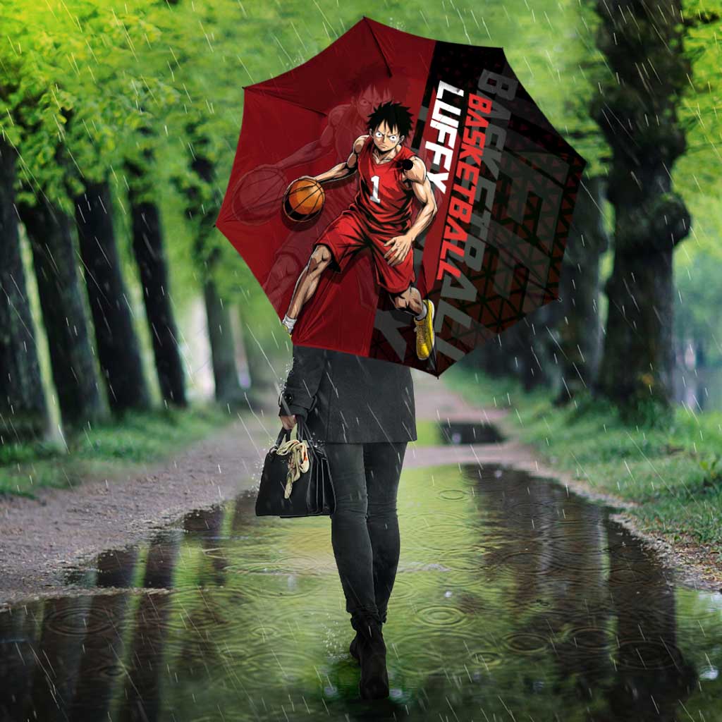 Luffy One Piece Basketball Theme Red and Black Design Umbrella with Straw Hat Pirate Logo and Sports Pose - The Mazicc