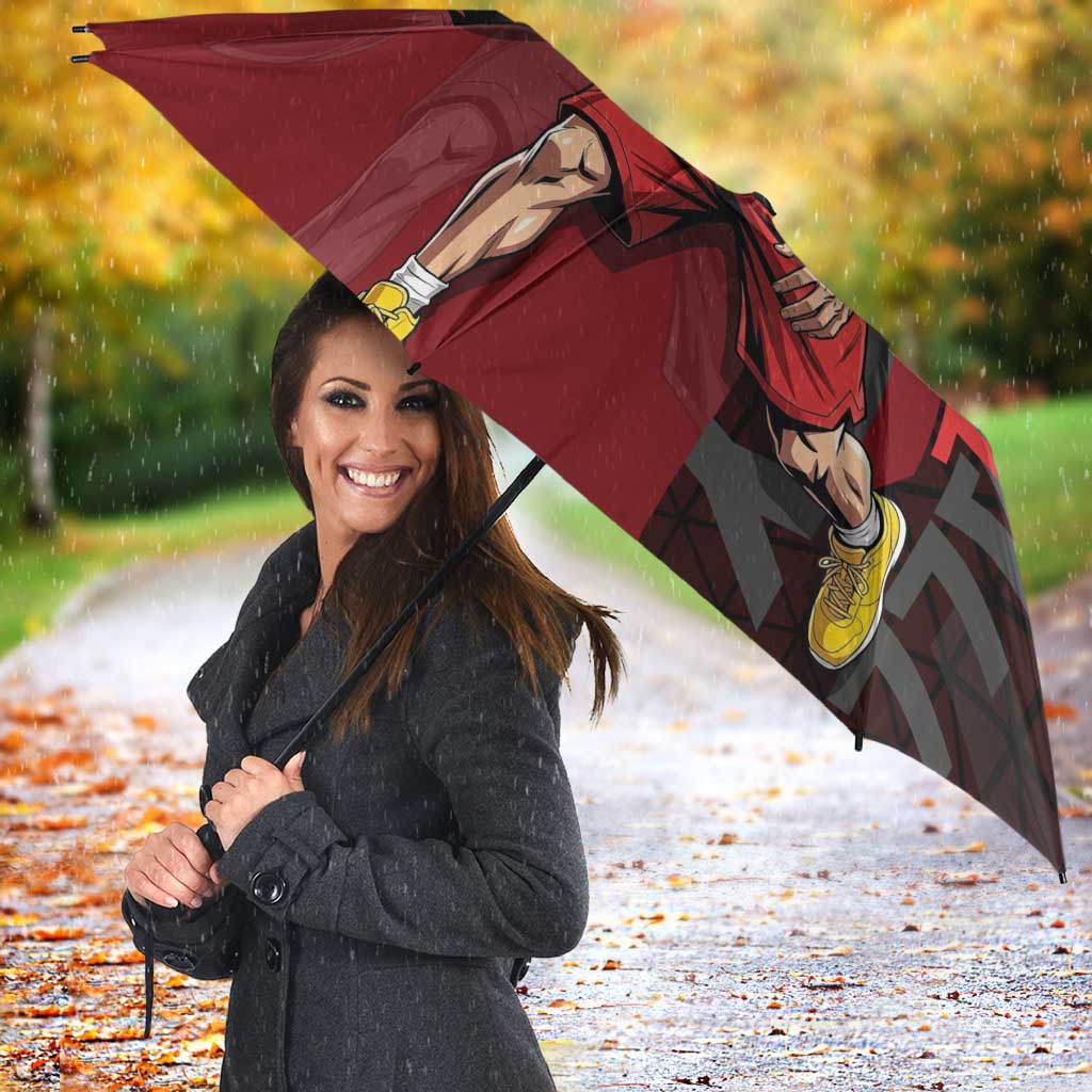 Luffy One Piece Basketball Theme Red and Black Design Umbrella with Straw Hat Pirate Logo and Sports Pose - The Mazicc