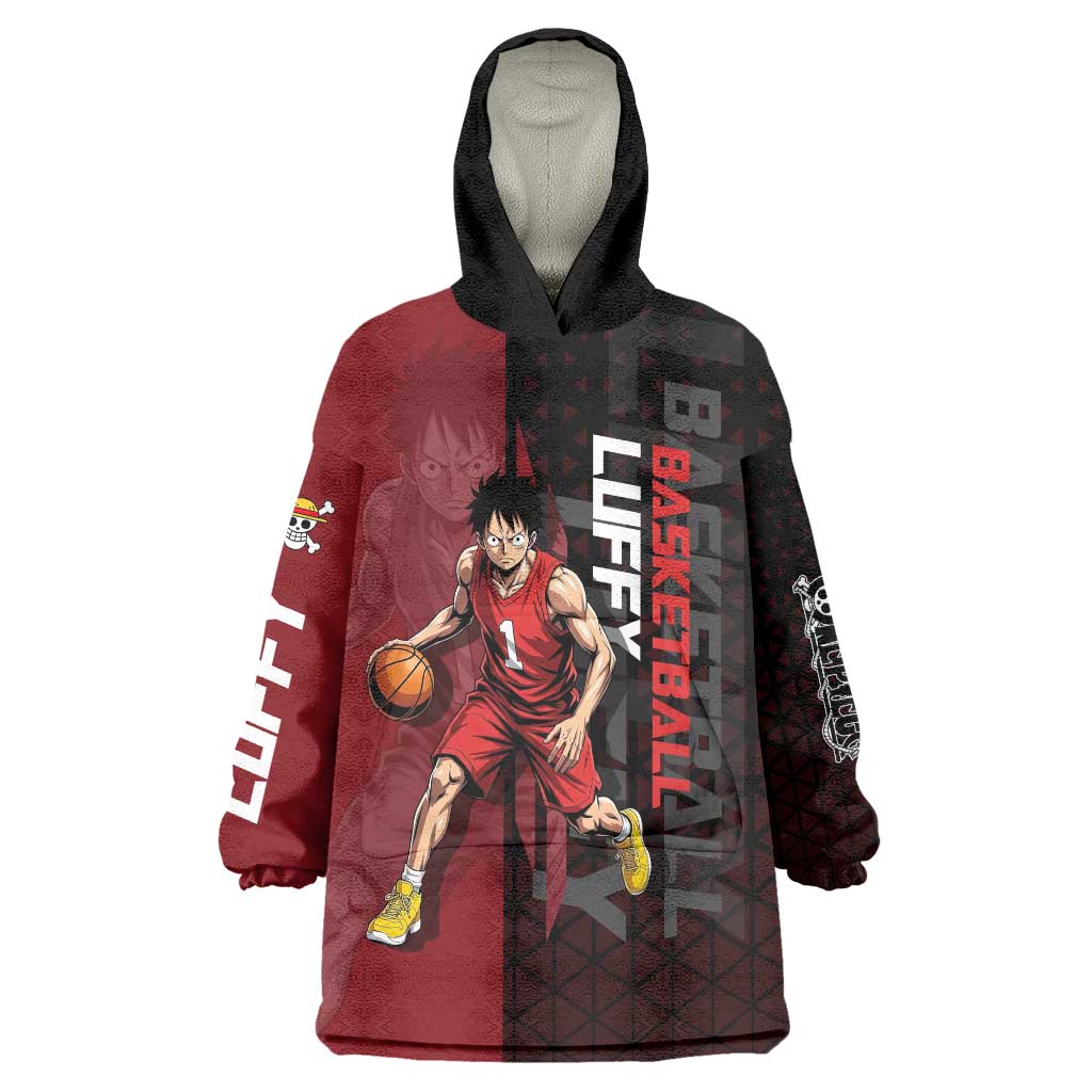 Luffy One Piece Basketball Theme Red and Black Design Wearable Blanket Hoodie with Straw Hat Pirate Logo and Sports Pose - The Mazicc