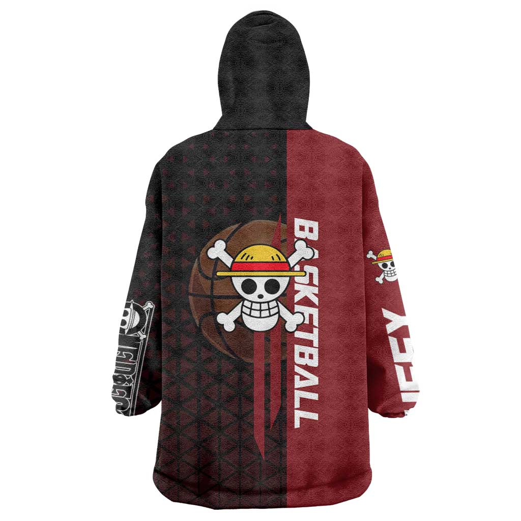 Luffy One Piece Basketball Theme Red and Black Design Wearable Blanket Hoodie with Straw Hat Pirate Logo and Sports Pose - The Mazicc