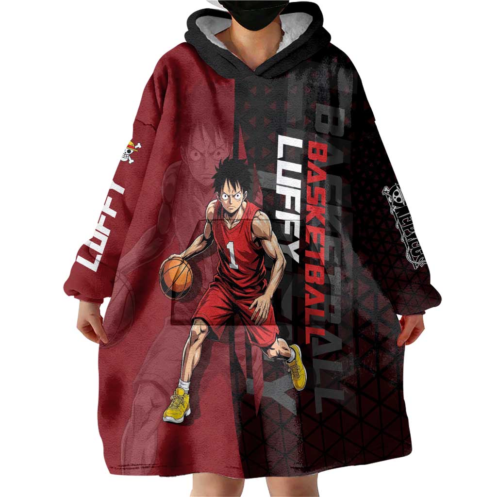 Luffy One Piece Basketball Theme Red and Black Design Wearable Blanket Hoodie with Straw Hat Pirate Logo and Sports Pose - The Mazicc
