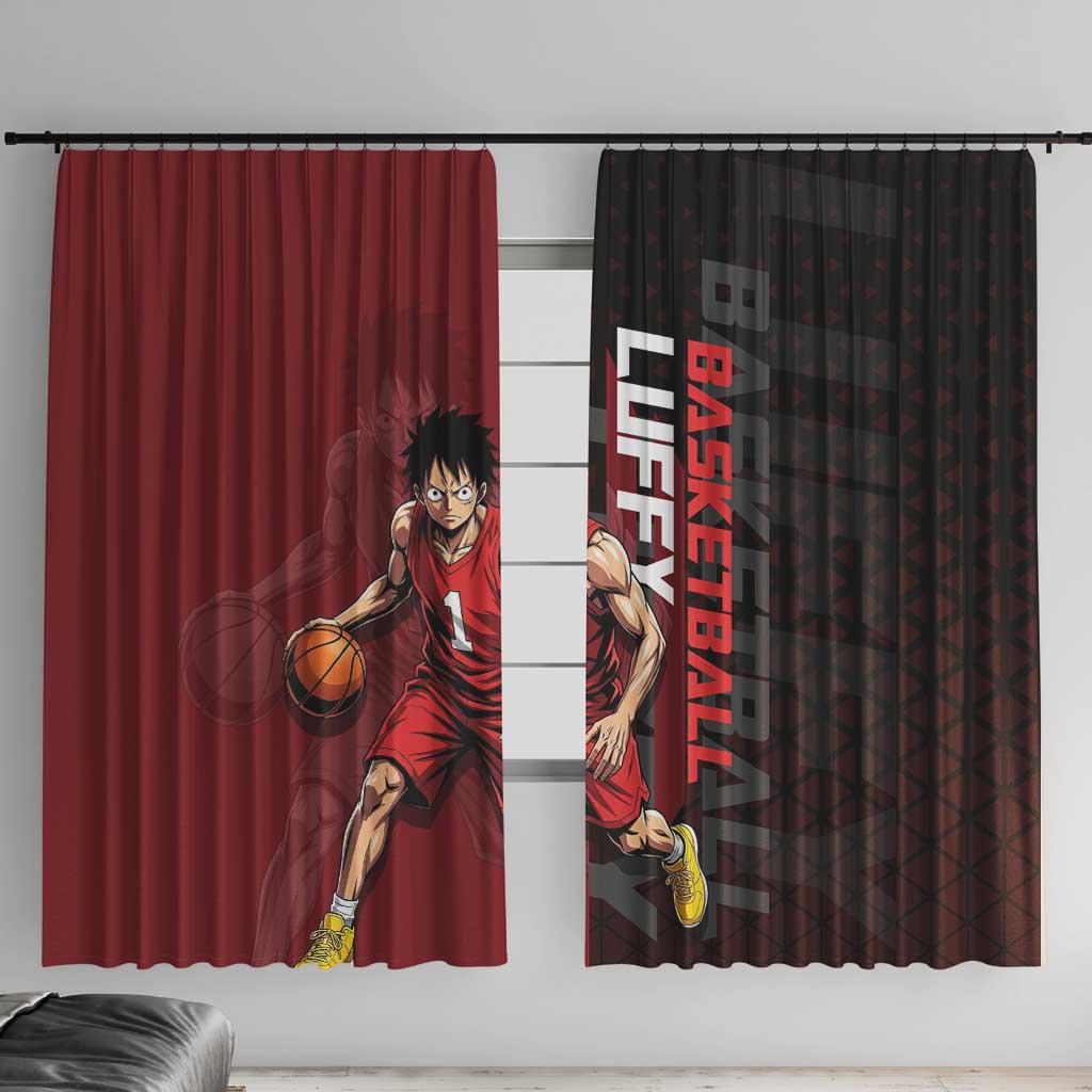 Luffy One Piece Basketball Theme Red and Black Design Window Curtain with Straw Hat Pirate Logo and Sports Pose - The Mazicc