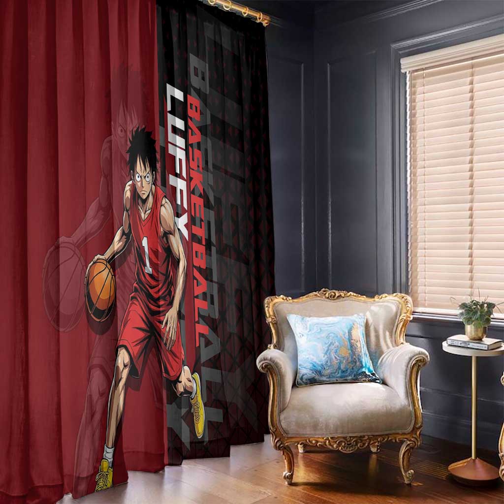 Luffy One Piece Basketball Theme Red and Black Design Window Curtain with Straw Hat Pirate Logo and Sports Pose - The Mazicc