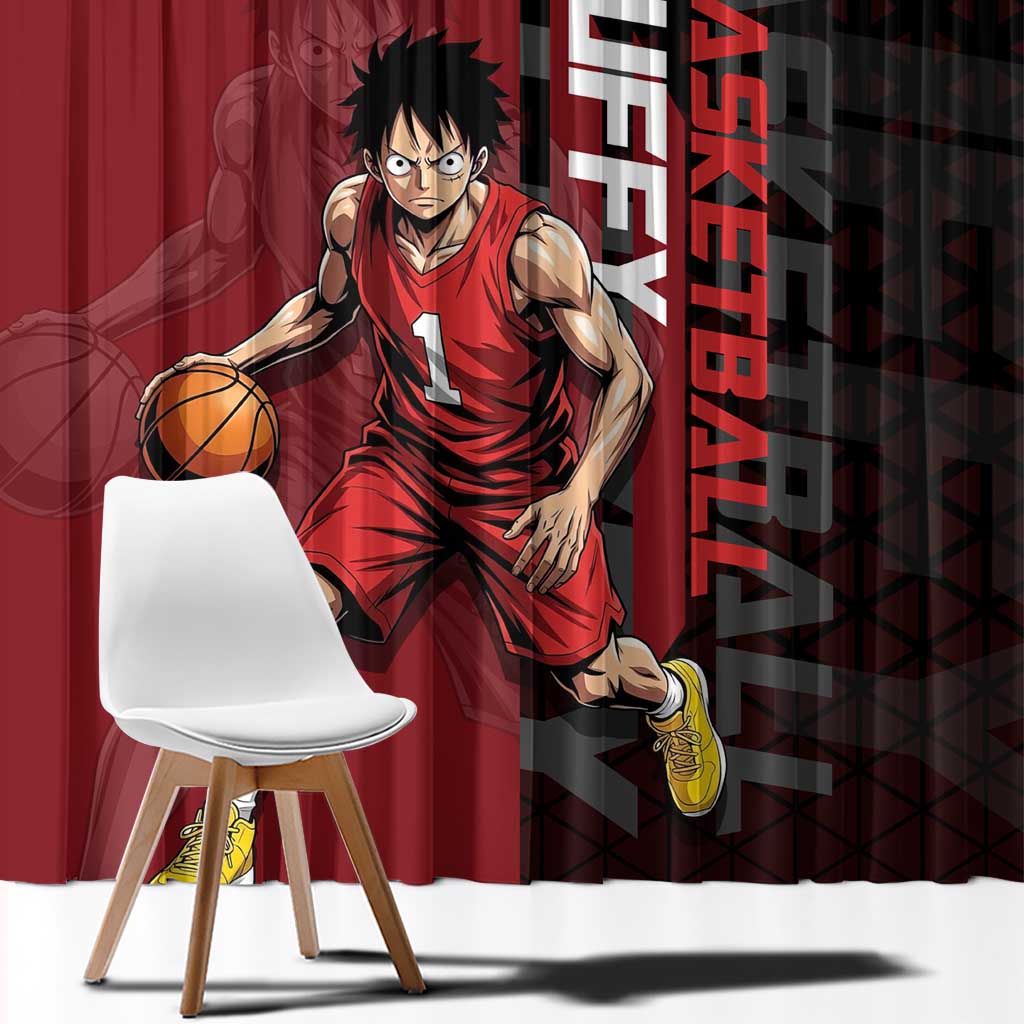Luffy One Piece Basketball Theme Red and Black Design Window Curtain with Straw Hat Pirate Logo and Sports Pose - The Mazicc