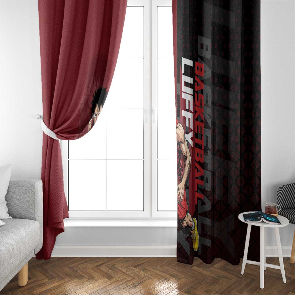 Luffy One Piece Basketball Theme Red and Black Design Window Curtain with Straw Hat Pirate Logo and Sports Pose - The Mazicc