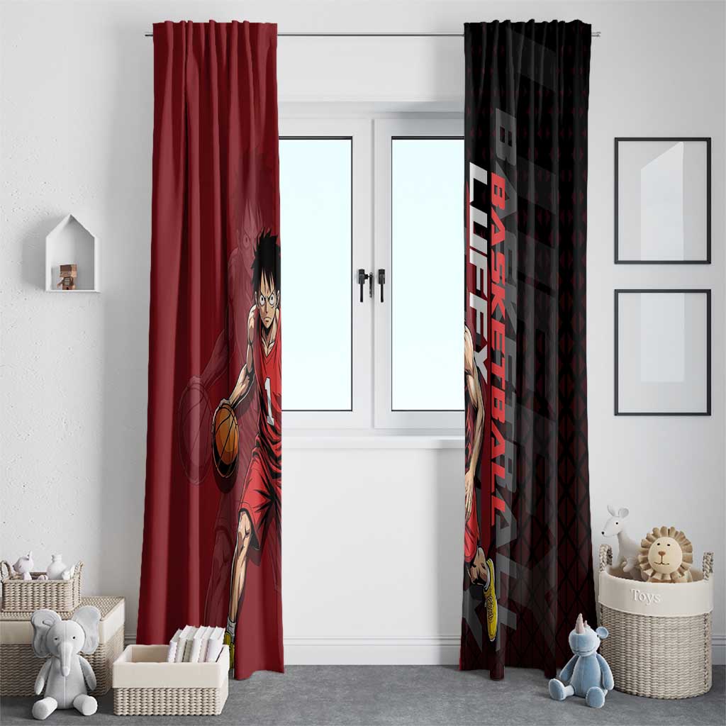 Luffy One Piece Basketball Theme Red and Black Design Window Curtain with Straw Hat Pirate Logo and Sports Pose - The Mazicc