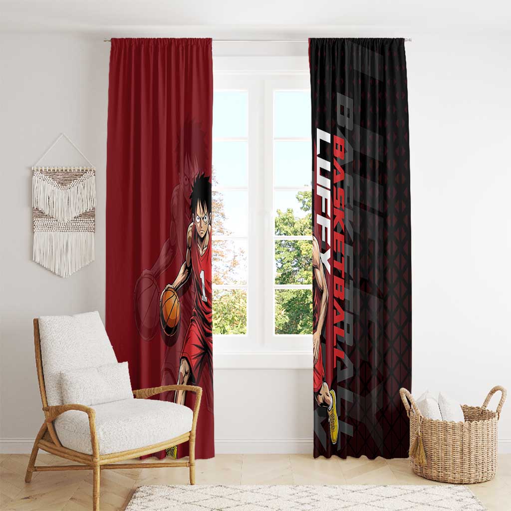 Luffy One Piece Basketball Theme Red and Black Design Window Curtain with Straw Hat Pirate Logo and Sports Pose - The Mazicc