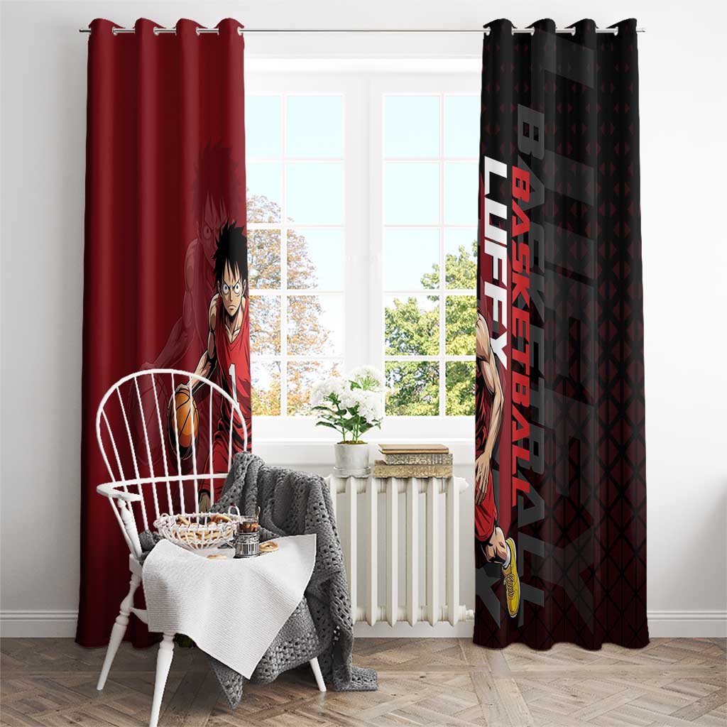 Luffy One Piece Basketball Theme Red and Black Design Window Curtain with Straw Hat Pirate Logo and Sports Pose - The Mazicc