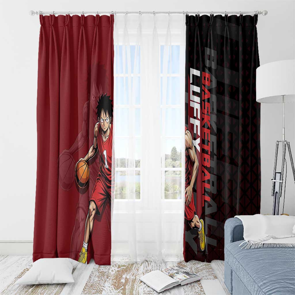 Luffy One Piece Basketball Theme Red and Black Design Window Curtain with Straw Hat Pirate Logo and Sports Pose - The Mazicc