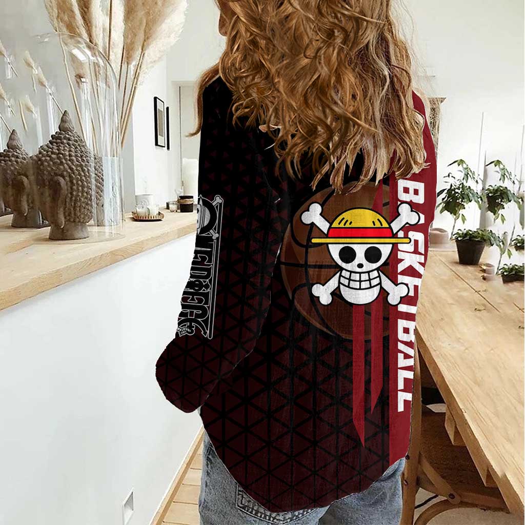 Luffy One Piece Basketball Theme Red and Black Design Women Casual Shirt with Straw Hat Pirate Logo and Sports Pose - The Mazicc