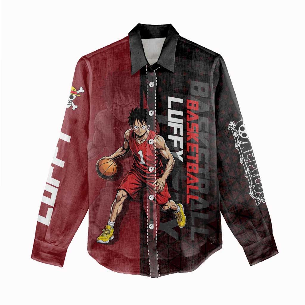 Luffy One Piece Basketball Theme Red and Black Design Women Casual Shirt with Straw Hat Pirate Logo and Sports Pose - The Mazicc