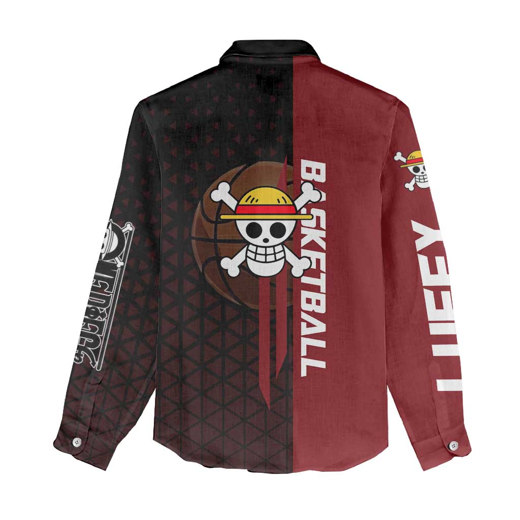 Luffy One Piece Basketball Theme Red and Black Design Women Casual Shirt with Straw Hat Pirate Logo and Sports Pose - The Mazicc