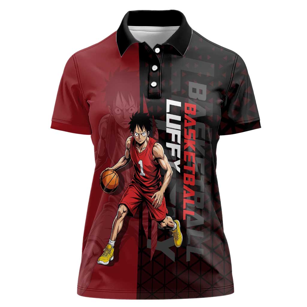 Luffy One Piece Basketball Theme Red and Black Design Women Polo Shirt with Straw Hat Pirate Logo and Sports Pose - The Mazicc
