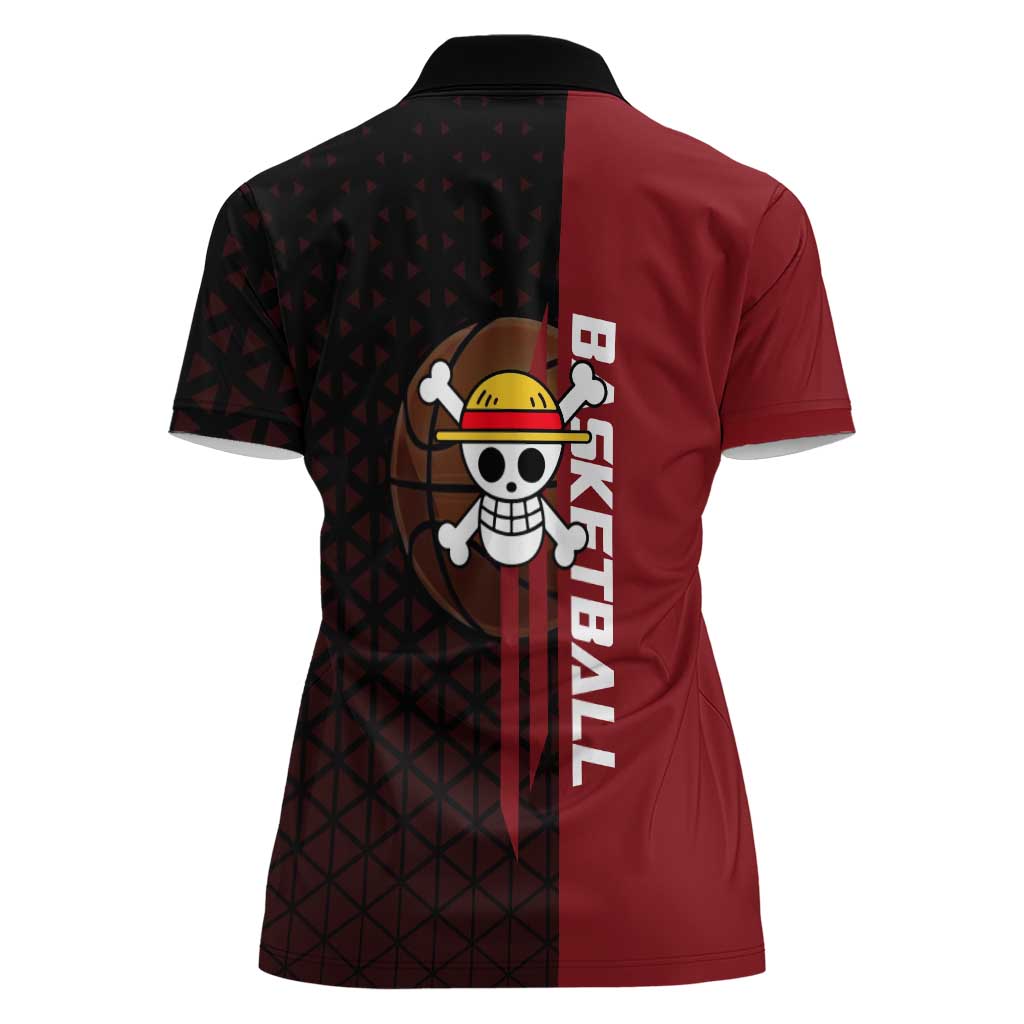 Luffy One Piece Basketball Theme Red and Black Design Women Polo Shirt with Straw Hat Pirate Logo and Sports Pose - The Mazicc