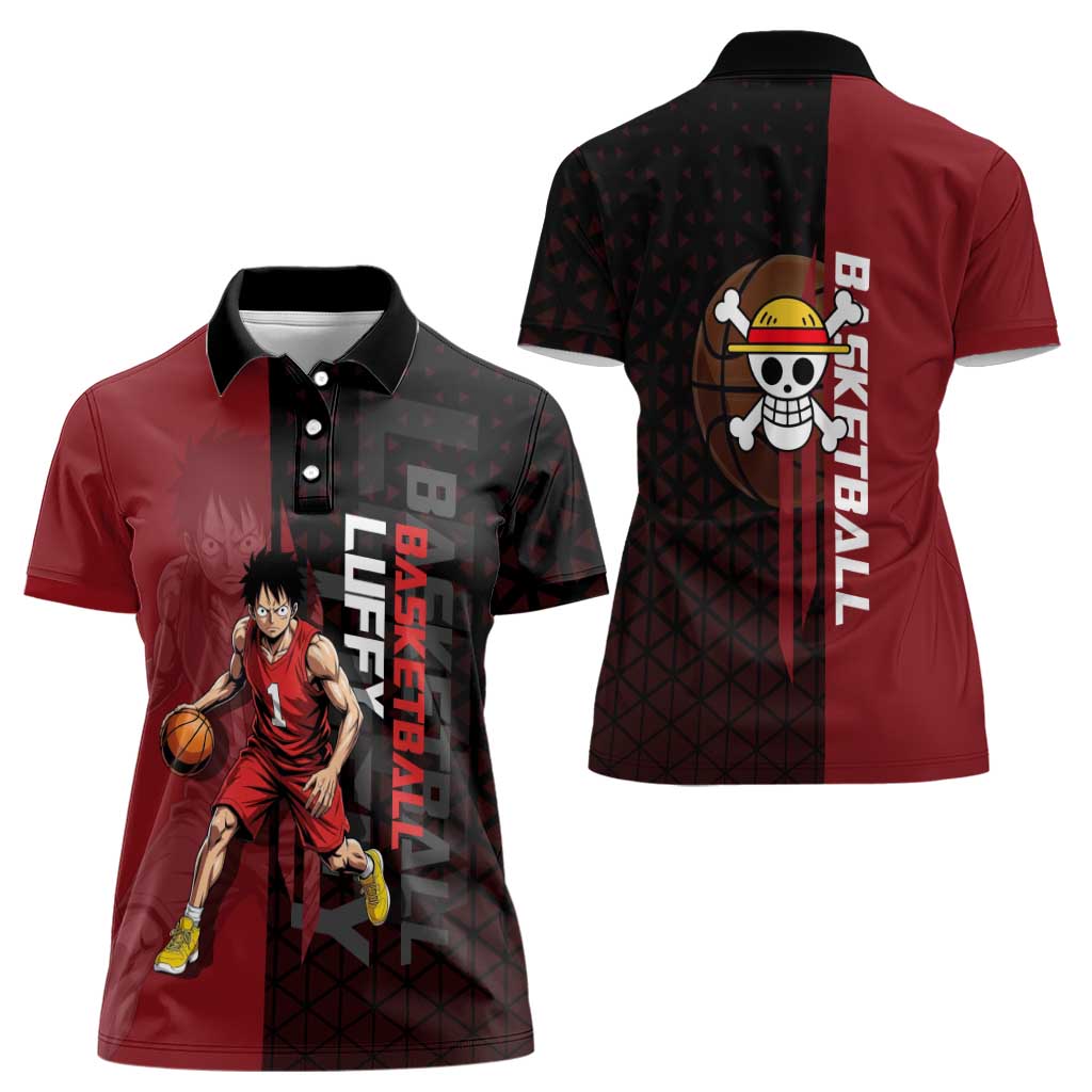 Luffy One Piece Basketball Theme Red and Black Design Women Polo Shirt with Straw Hat Pirate Logo and Sports Pose - The Mazicc