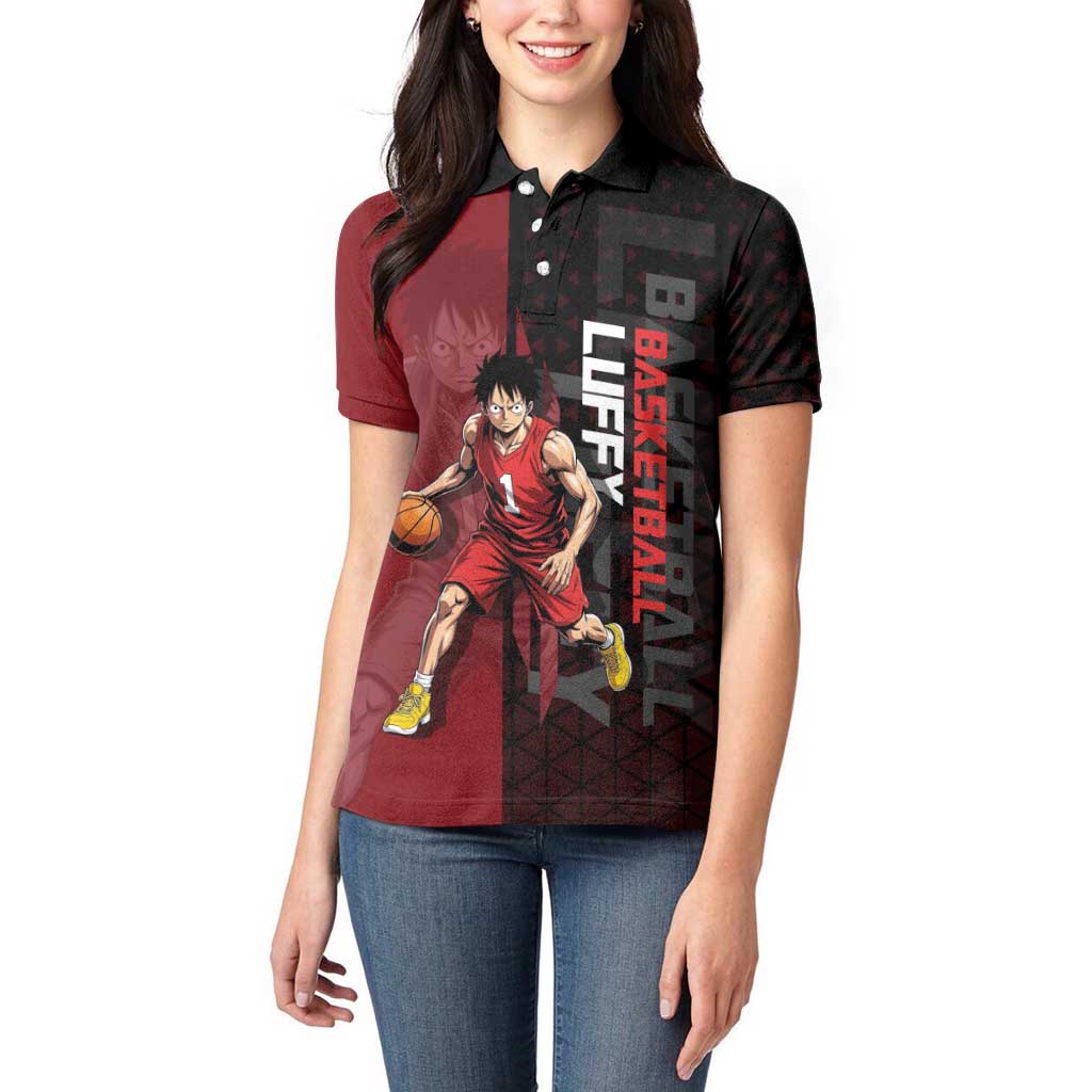 Luffy One Piece Basketball Theme Red and Black Design Women Polo Shirt with Straw Hat Pirate Logo and Sports Pose - The Mazicc