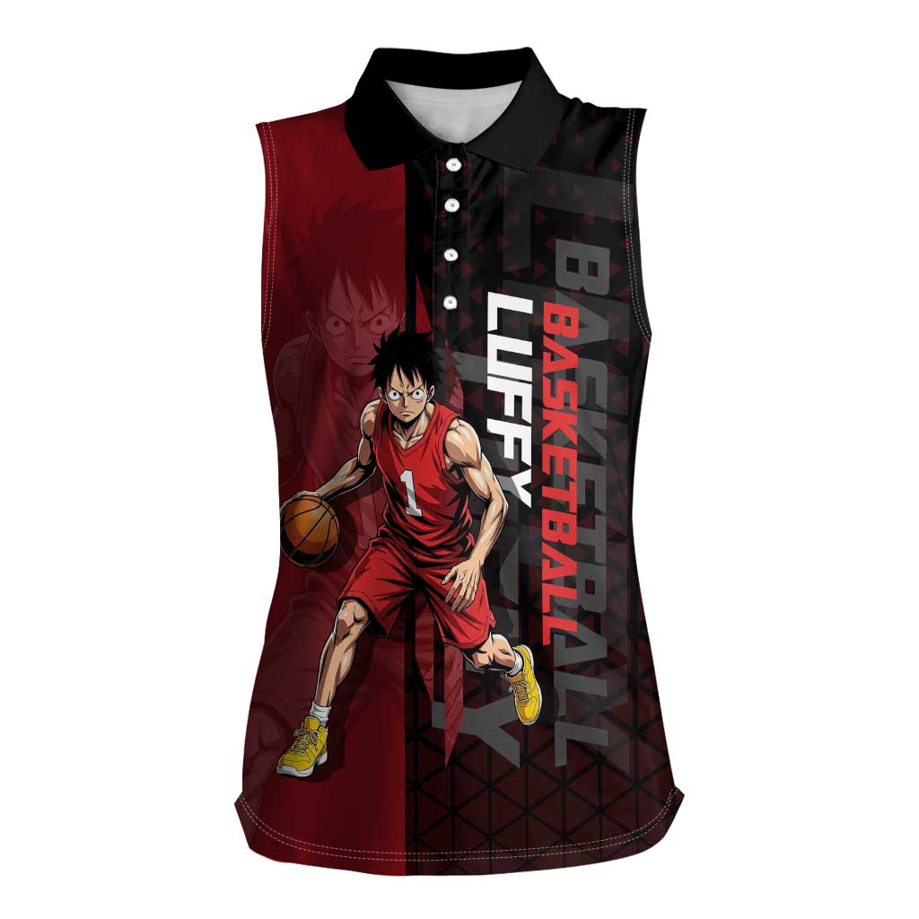 Luffy One Piece Basketball Theme Red and Black Design Women Sleeveless Polo Shirt with Straw Hat Pirate Logo and Sports Pose - The Mazicc
