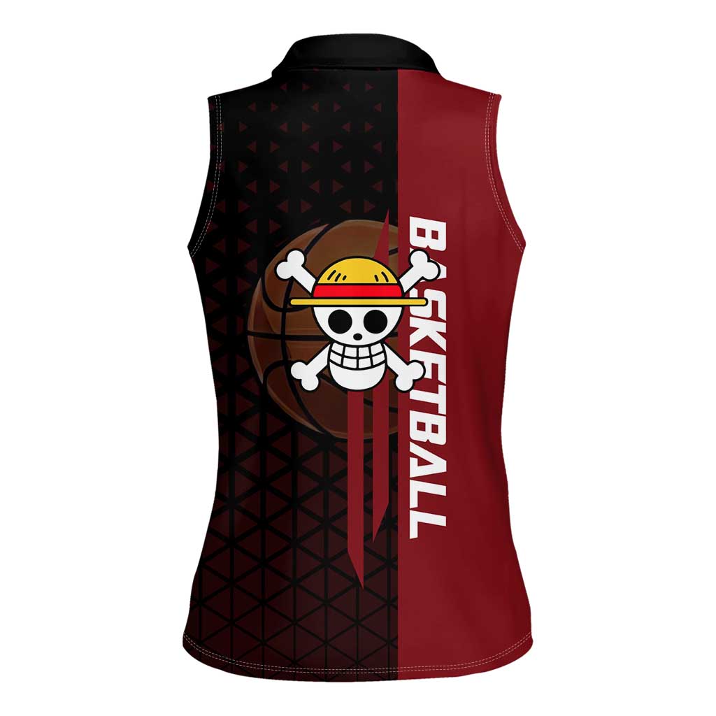 Luffy One Piece Basketball Theme Red and Black Design Women Sleeveless Polo Shirt with Straw Hat Pirate Logo and Sports Pose - The Mazicc