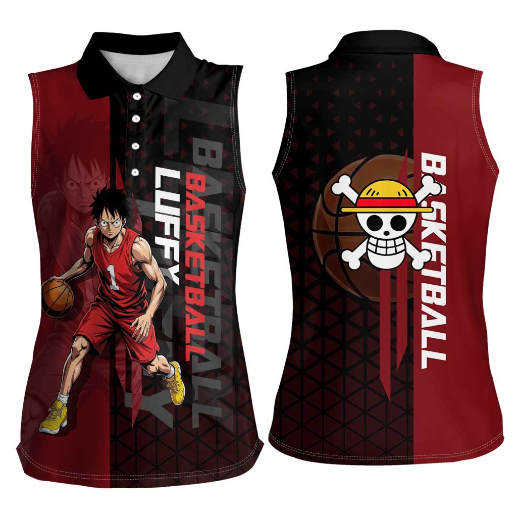 Luffy One Piece Basketball Theme Red and Black Design Women Sleeveless Polo Shirt with Straw Hat Pirate Logo and Sports Pose - The Mazicc