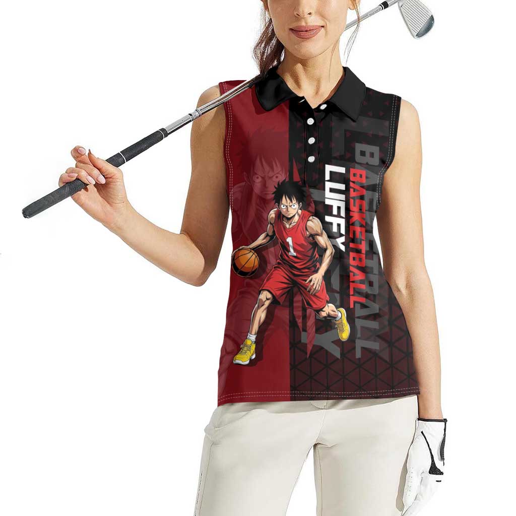 Luffy One Piece Basketball Theme Red and Black Design Women Sleeveless Polo Shirt with Straw Hat Pirate Logo and Sports Pose - The Mazicc