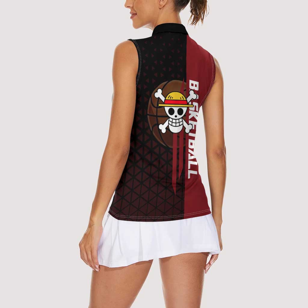 Luffy One Piece Basketball Theme Red and Black Design Women Sleeveless Polo Shirt with Straw Hat Pirate Logo and Sports Pose - The Mazicc