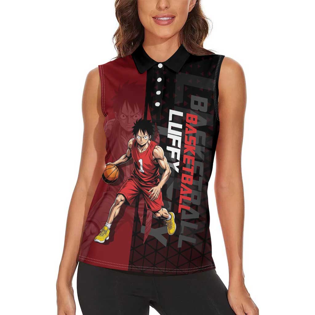 Luffy One Piece Basketball Theme Red and Black Design Women Sleeveless Polo Shirt with Straw Hat Pirate Logo and Sports Pose - The Mazicc
